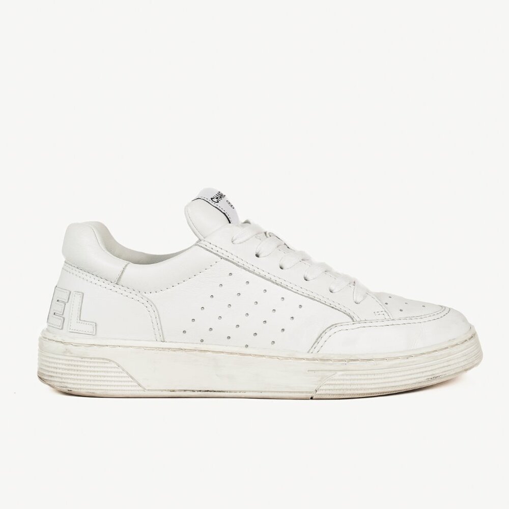 Chanel White Perforated Logo Leather Lace-Up Sneakers